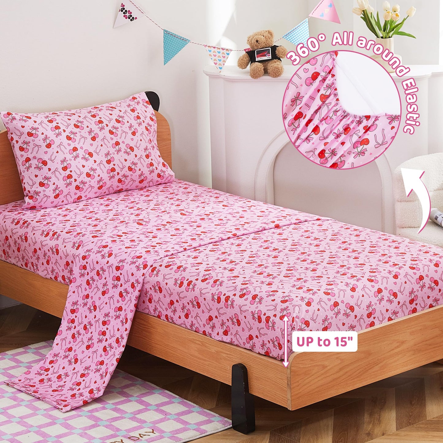 Viviland 3 Pieces Girls Bow Cherry Twin Sheet Set - Soft Microfiber Fitted Flat Sheets & Pillowcase Bed Sheet Set - Pink Bedding Sets for Kids