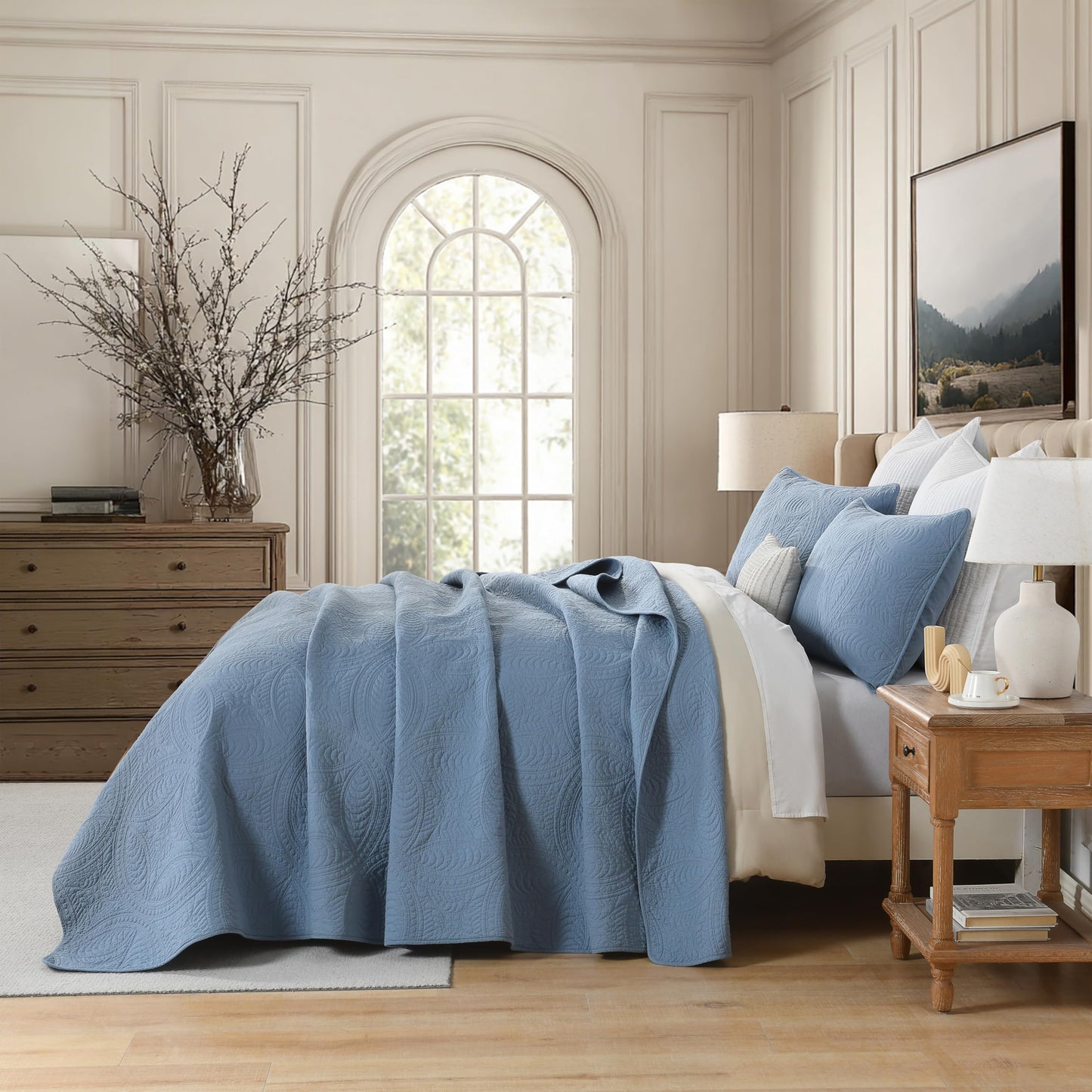 Homzard Quilts Queen Size 100% Cotton Quilt Set, Dusty Blue Queen Size Bedspread Set,Coin Pattern Quilted Bedspread Set,Solid Modern Comforter Set Coverlet 3 Piece Bed Set, All Season