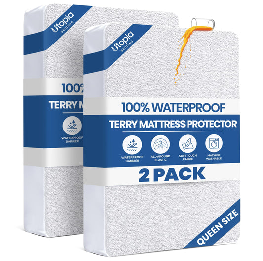 Queen Size Mattress Protector Waterproof 2 Pack, Premium 200 GSM Terry Mattress Cover, Soft & Breathable Bed Cover, Fitted Sheet Style Stretchable Deep Pockets 17" by Utopia Bedding (White)