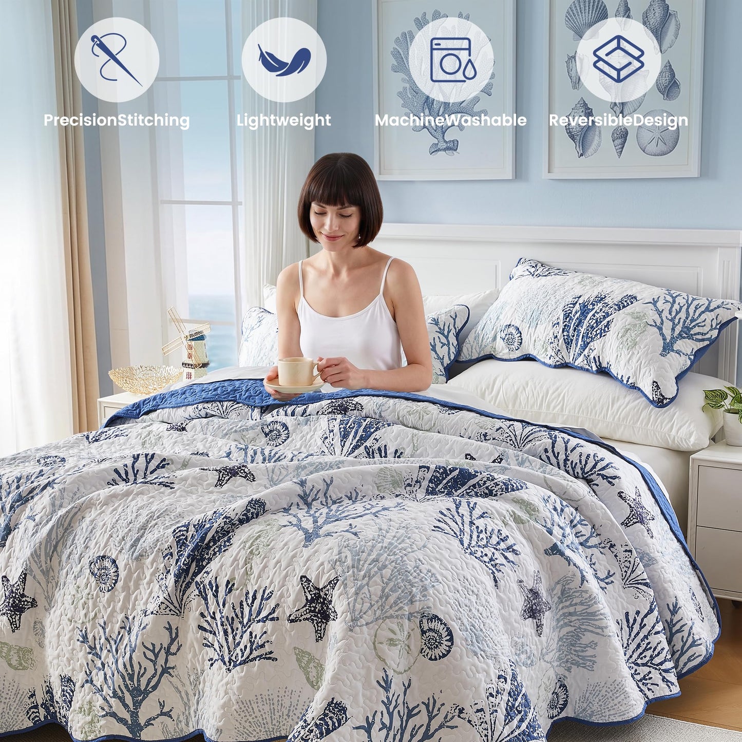 Qucover Coastal Quilt Sets King Size 106x98in, Reversible Microfiber Quilts with 2 Shams Soft Lightweight Beach Bedding Bedspread Coverlet Summer Comforter Set for All Season, Navy Blue
