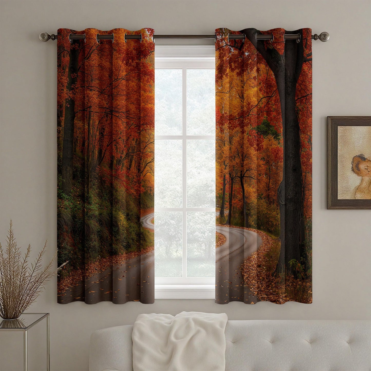 Rufxnn Maple Leaves Road Grommet Curtains Window Treatment, Autumn Forest Landscape Curtain Blackout Thermal Insulated, Nature Scenery Drapes for Bedroom Living Room Office 52x63 Inch 2 Panels Set