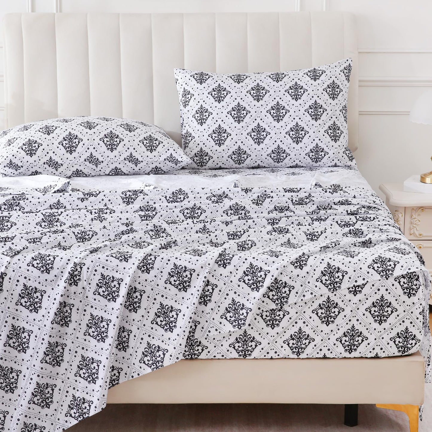 ChicView King Size Damask Printed Sheet Set,4 Pieces Boho Style Breathable Soft Microfiber Bedsheets, Anti Pilling Deep Pockets Easy Care Bed Sheets, Black