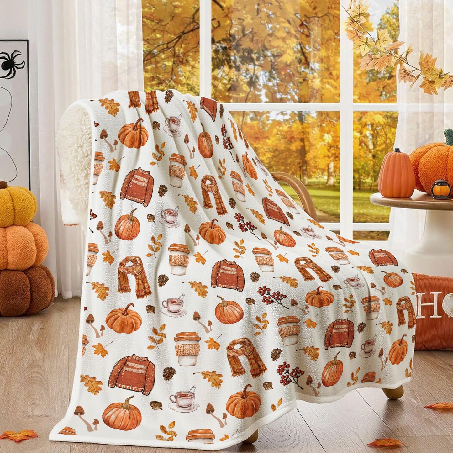 Fall Fleece Throw Blanket, Autumn Pumpkin Spice and Everything Nice with Books Wraps Coffees Lattes Pumpkins Pies Oversized, Soft Blanket for Couch,Cozy,Warm,Lightweight,50"X60"