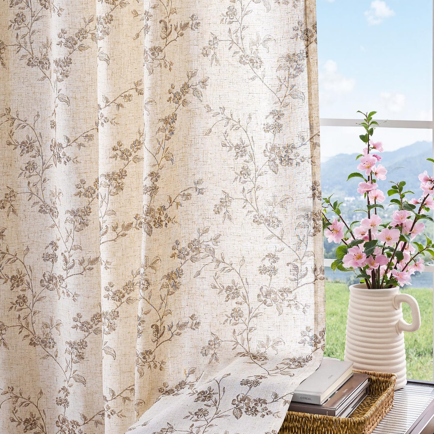 jinchan Linen Floral Curtains 63 Inch Farmhouse Country Flower Drapes Rustic Window Curtains Light Filtering for Living Room Bedroom Laundry Back Tab 2 Panels Taupe on Beige