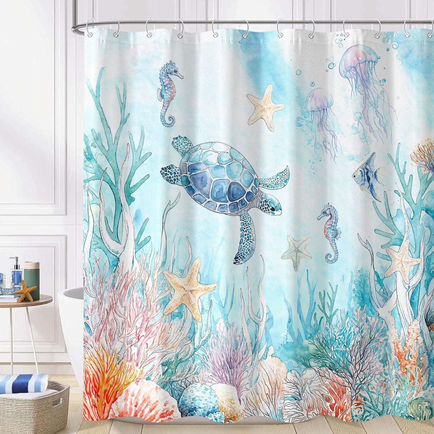 Sea Turtle Shower Curtain Sets Blue Turtles Coastal Shower Curtains for Bathroom Jellyfish Shell Coral Octopus Beach Ocean Style Aesthetics Decor Waterproof Fabric 72 x 72 inch with Hooks (Blue 9)