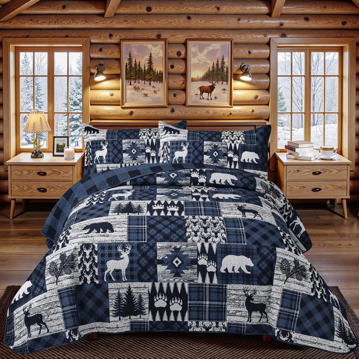 3 Piece Cabin Full/Queen Quilt Sets Farmhouse Rustic Reversible Microfiber Soft Lightweight Bedspread Comforter with 2 Shams Patchwork Country Lodge Bedding Quilts Set for All Season, 90''x96'', Blue