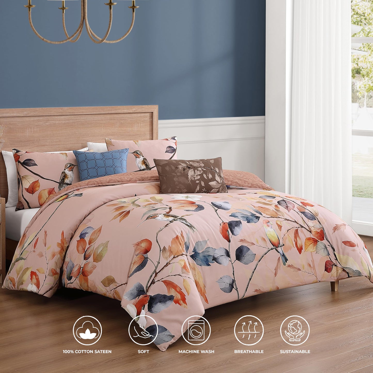 Bebejan Peachy Dogwood 5 Piece Comforter Set, 100% Cotton Sateen, 220 Thread Count, Pink Reversible Bedding Comforter Set, 1 Comforter, 2 Shams & 2 Pillows (King/Cal King)