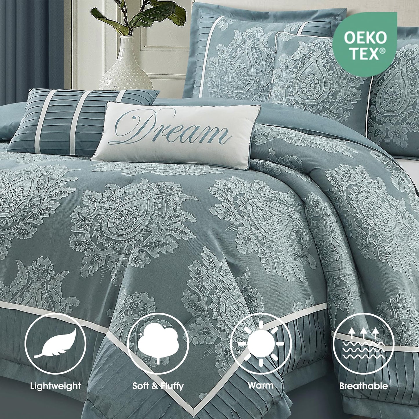 LANCO MODERN LIFESTYLE Blue Queen Comforter Set 7 Pieces, Jacquard Woven with Damask, Bedding Set in a Bag Includes Comforter, Bed Skirt, Pillow Shams, and Decorative Pillows