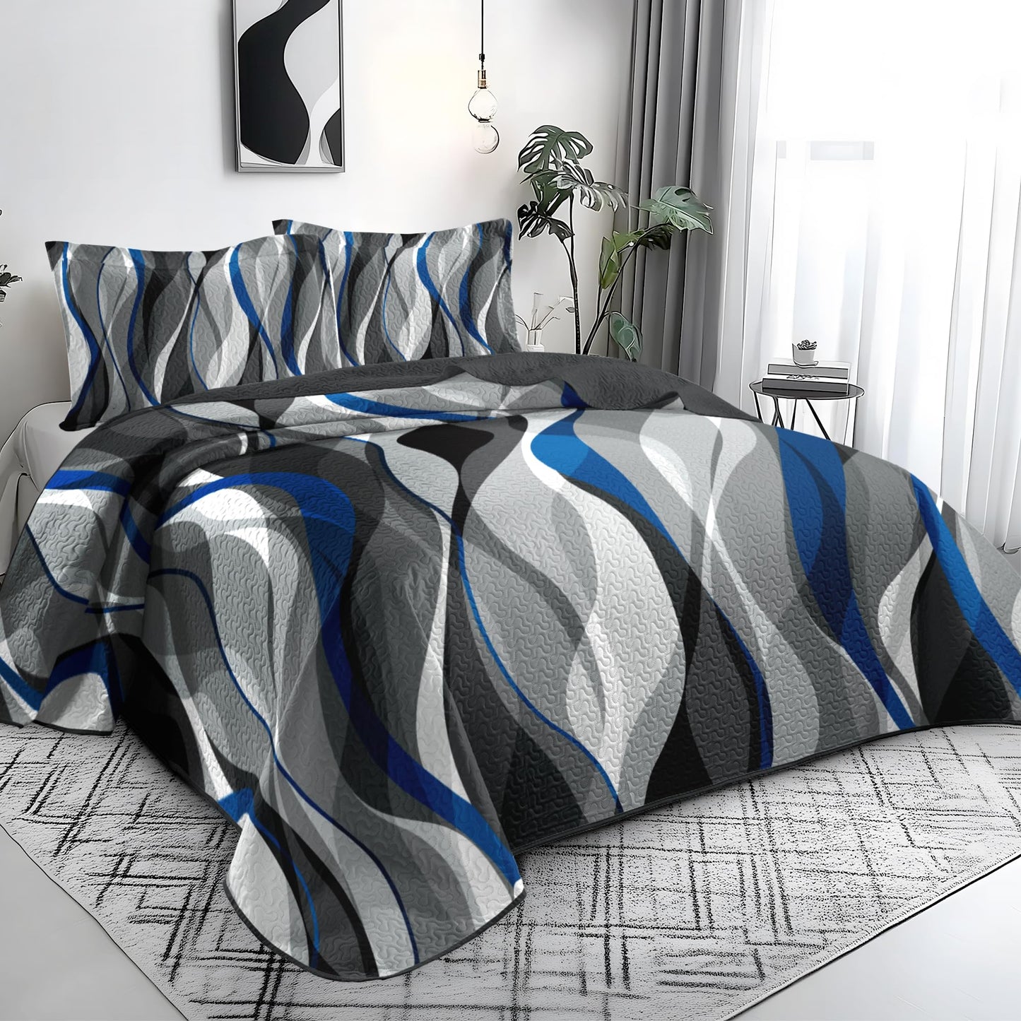 weesire Queen Quilt Bedding Set Blue Black Comforter Set Stripe Full Size Bedspreads with 2 Shams, Modern Pattern Lightweight Breathable Coverlet, 90''X96''