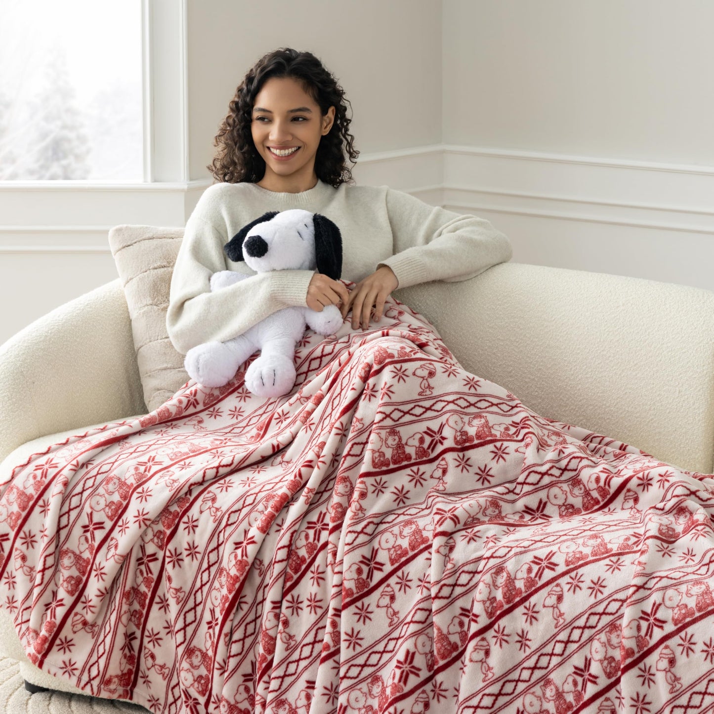 Berkshire Peanuts® VelvetLoft® Cute Character Snoopy Plush Throw Blanket,Cozy Fairisle Crimson Neutral,Throw 55 in x 70 in (Official Peanuts® Product)