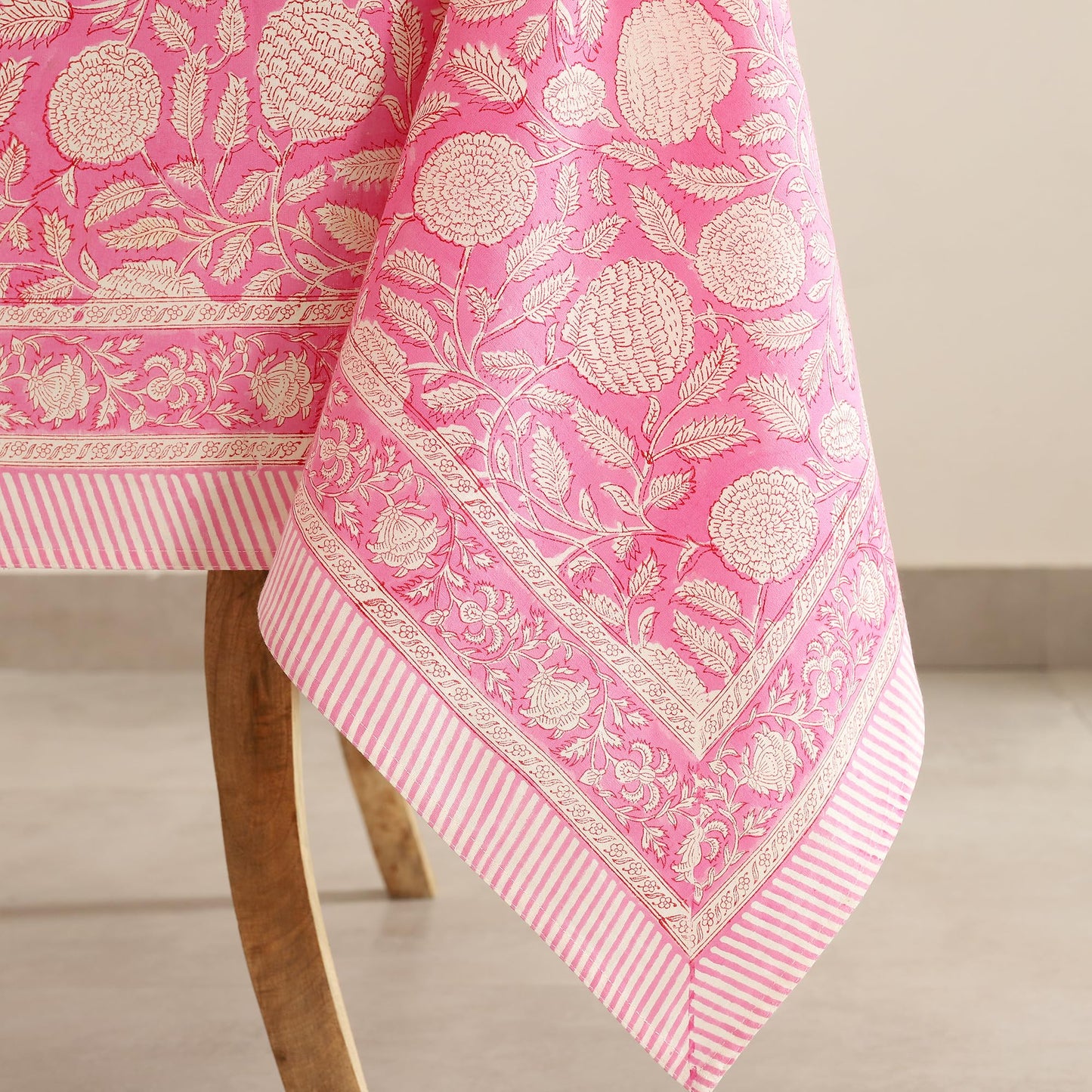 Labhanshi Indian Handblock Print Pre-Washed Cotton Floral 60x90 Inch Rectangle 6-Seater Tablecloth|Rustic Farmhouse Decorative Party Event Wedding Mother's Day Festive Holiday Decor|Hot Pink