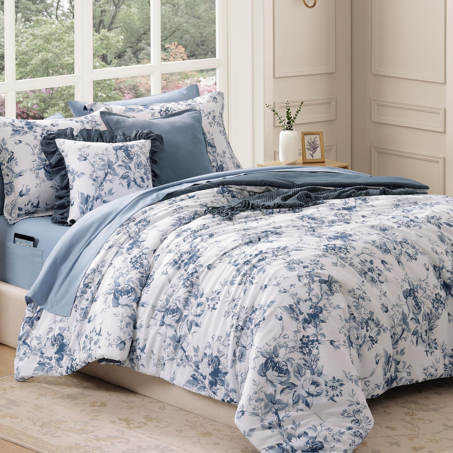 BLOOMHAVEN Queen Comforter Set -7 Pieces Floral Blue Comforter Set for All Seasons, Bed in a Bag Queen with Botanical Flowers Comforter, Sheets, Pillowcases & Shams