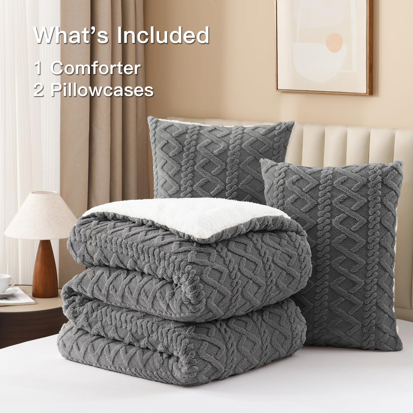 Andency Fluffy Sherpa Full Comforter Set Grey, Super Soft Gray Fleece Warm Bedding for Winter, Luxury Jacquard Boho Thick Fuzzy Plush Bed Set 3 Pieces(1 Shaggy Comforter, 2 Pillowcases)