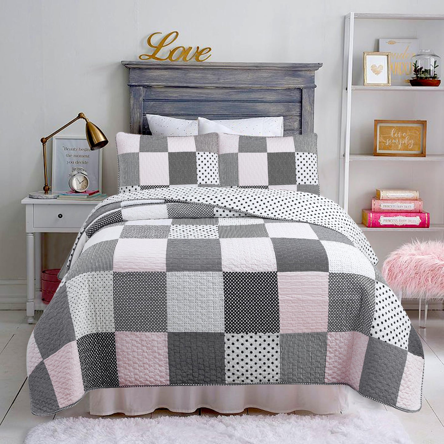 Cozy Line Home Fashions Black White Pink Polka Dots Striped Star Girl 100% Cotton Reversible Quilt Bedding Set, All-Season Coverlet Bedspread (Black Pink, Twin - 2 Piece)