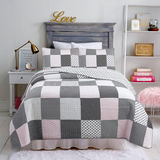 Cozy Line Home Fashions Black White Pink Polka Dots Striped Star Girl 100% Cotton Reversible Quilt Bedding Set, All-Season Coverlet Bedspread (Black Pink, Twin - 2 Piece)