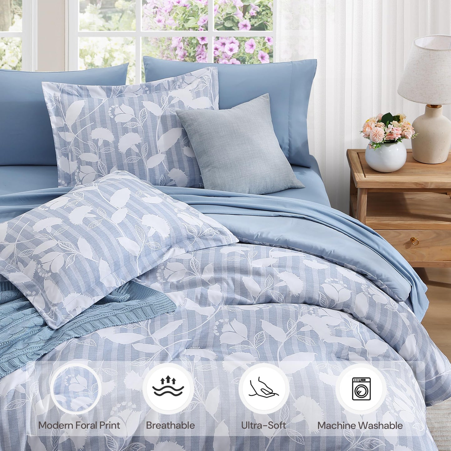 BLOOMHAVEN Queen Comforter Set -7 Pieces Blue Floral Comforter Set for All Seasons, Bed in a Bag Queen with Botanical Flowers Comforter, Sheets, Pillowcases & Shams