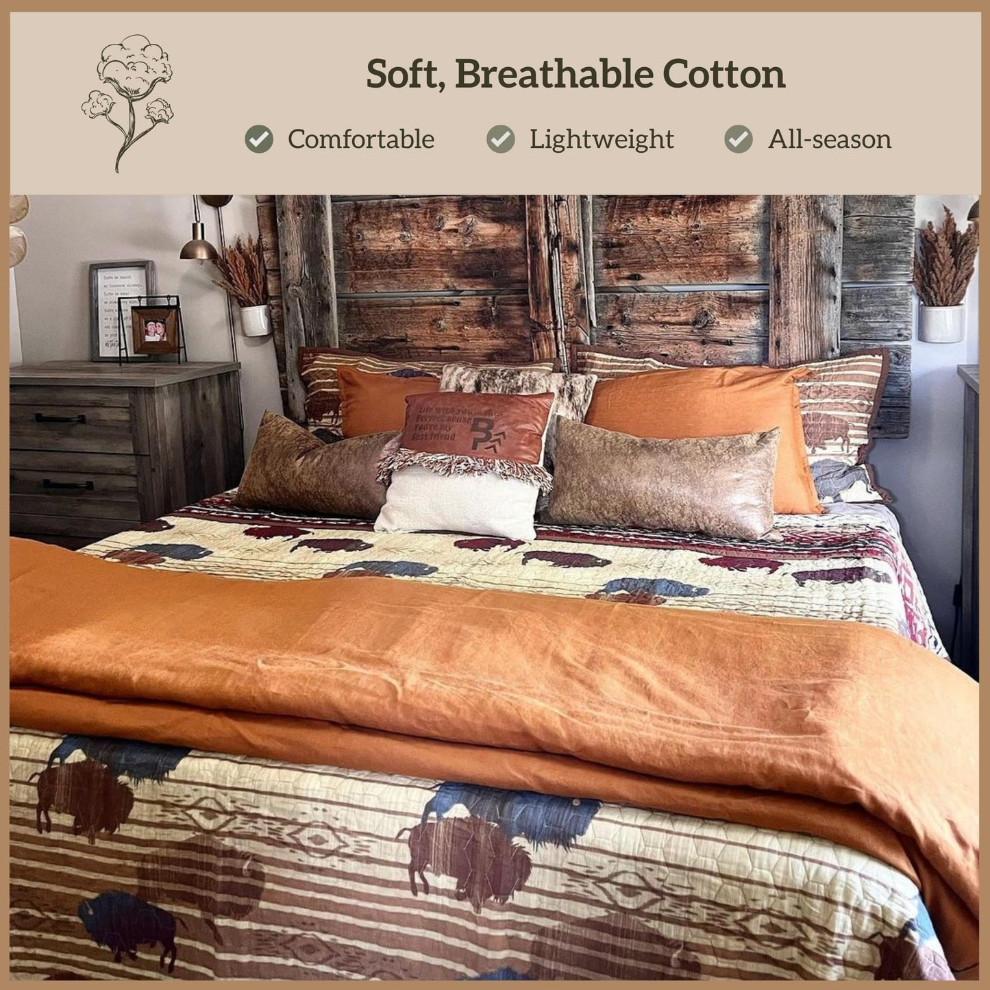 Paseo Road Home on the Range Queen Cotton Quilt Set, 3 Piece Western Bedding Set with Pillow Shams, Buffalo Aztec Reversible Quilt, Soft Rustic Lightweight Quilt, Southwestern Bedding