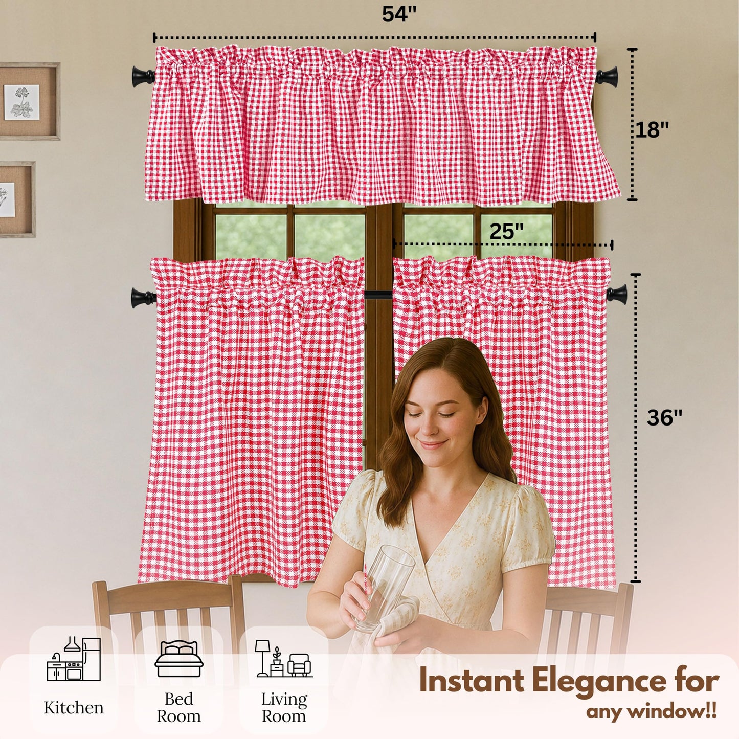 Native Fab Gingham Check 3 Pieces Window Curtain Tiers 26"x36" and Valance 54"x18" Set - Rod Pocket - Semi Sheer - Farmhouse Small Curtain for Kitchen, Bedroom, Living Room - Red and White