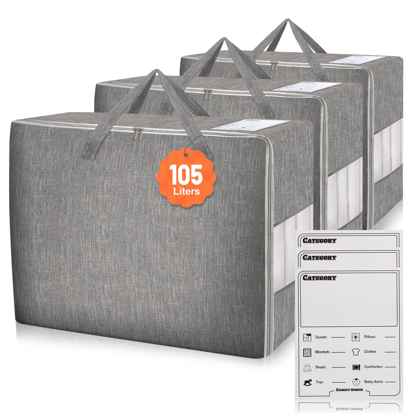 Karceyworth 3 Pack 105L Comforter Storage Bags, Extra Large Bedding Storage Bags with Card and Clear Window, Reinforced Handles & Zippers, Foldable Closet Organizers for Blanket Pillow Clothes