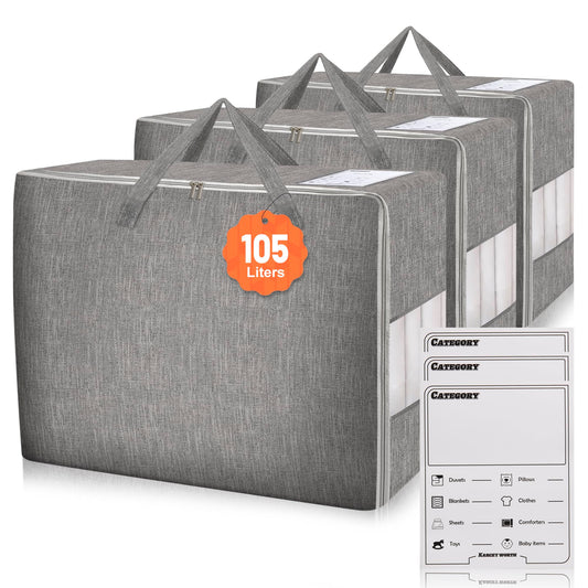 Karceyworth 3 Pack 105L Comforter Storage Bags, Extra Large Bedding Storage Bags with Card and Clear Window, Reinforced Handles & Zippers, Foldable Closet Organizers for Blanket Pillow Clothes