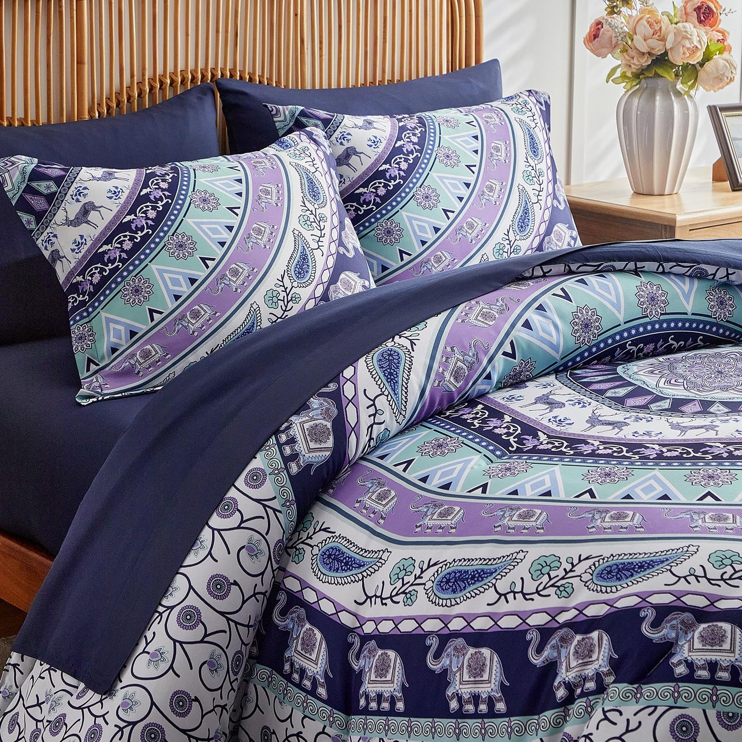 Boho Comforter Sheet Set Bohemian Bed in a Bag Queen Size Bedding Set, Purple Elephant Paisley Circle 7pc Bedding Set (1 Comforter 2 Pillow Shams 1 Pink Flat Sheet 1 Fitted Sheet 2 Pillowcases)