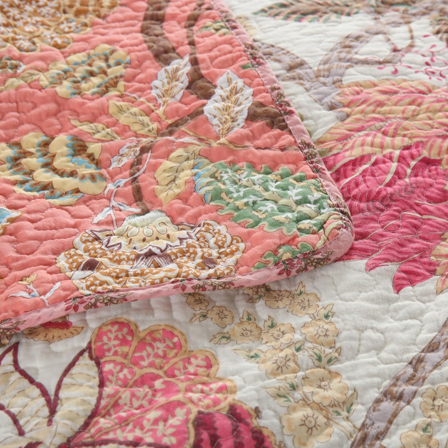Etwel 100% Cotton Patchwork Queen Size Quilt Set - Lightweight Breathable Reversible Bedspread for Hot Sleepers, Farmhouse Bedding Set with 2 Pillow Shams for All Season (90"x90", Pink Floral)