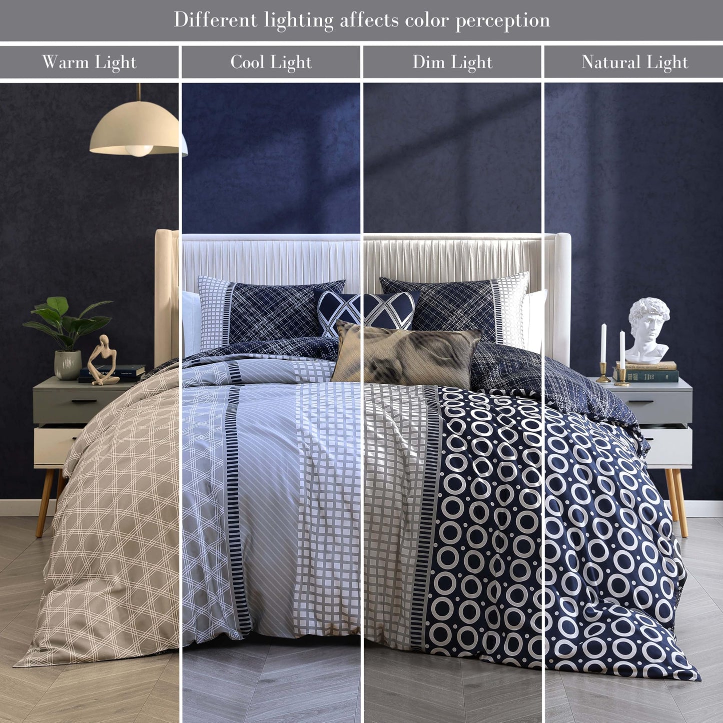 Bebejan Vertigeo 5 Piece Comforter Set, 100% Cotton Sateen, 220 Thread Count, Navy Blue, Geometric Reversible Bedding Comforter Set, 1 Comforter, 2 Shams & 2 Pillows (King/Cal King)