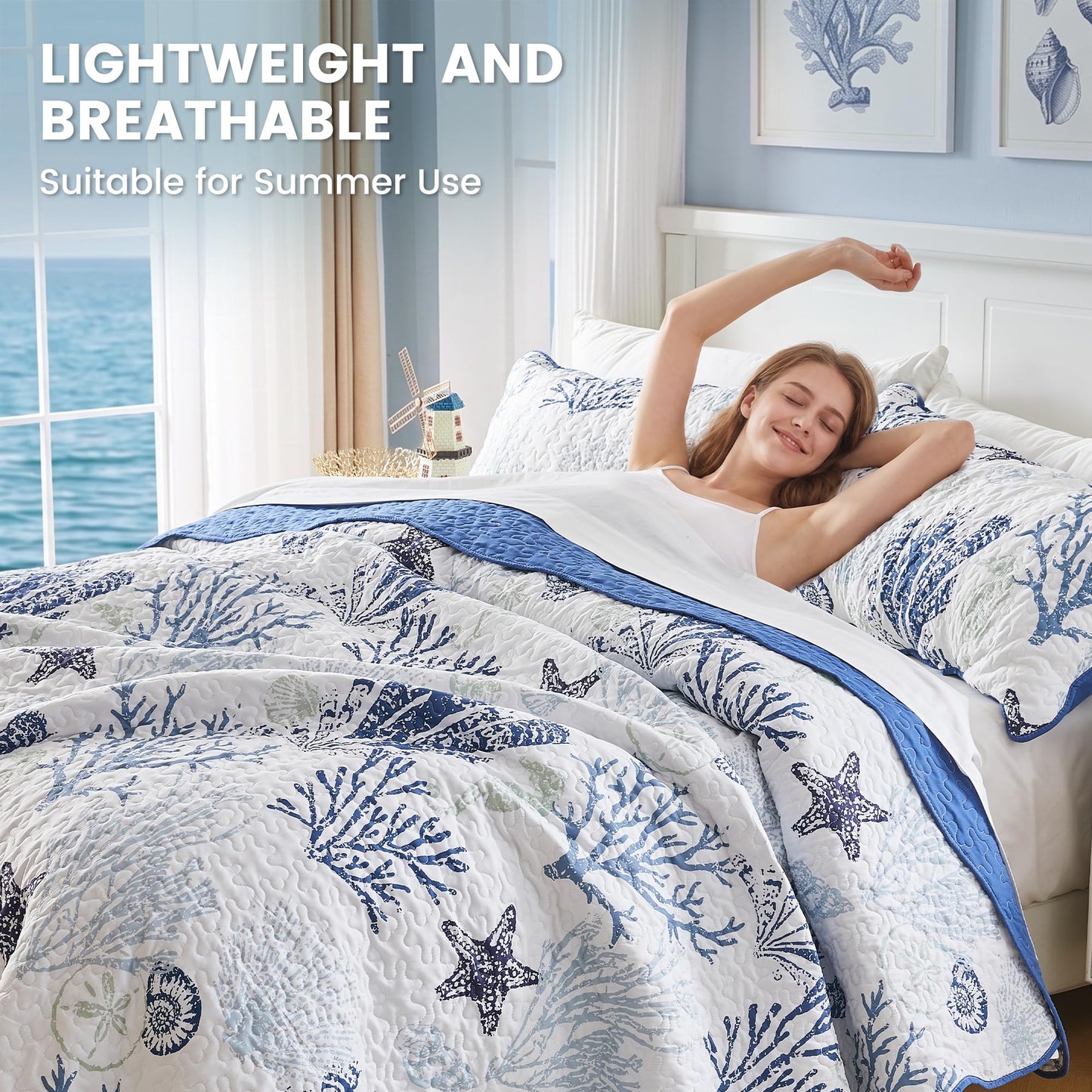 Qucover Coastal Quilt Sets King Size 106x98in, Reversible Microfiber Quilts with 2 Shams Soft Lightweight Beach Bedding Bedspread Coverlet Summer Comforter Set for All Season, Navy Blue