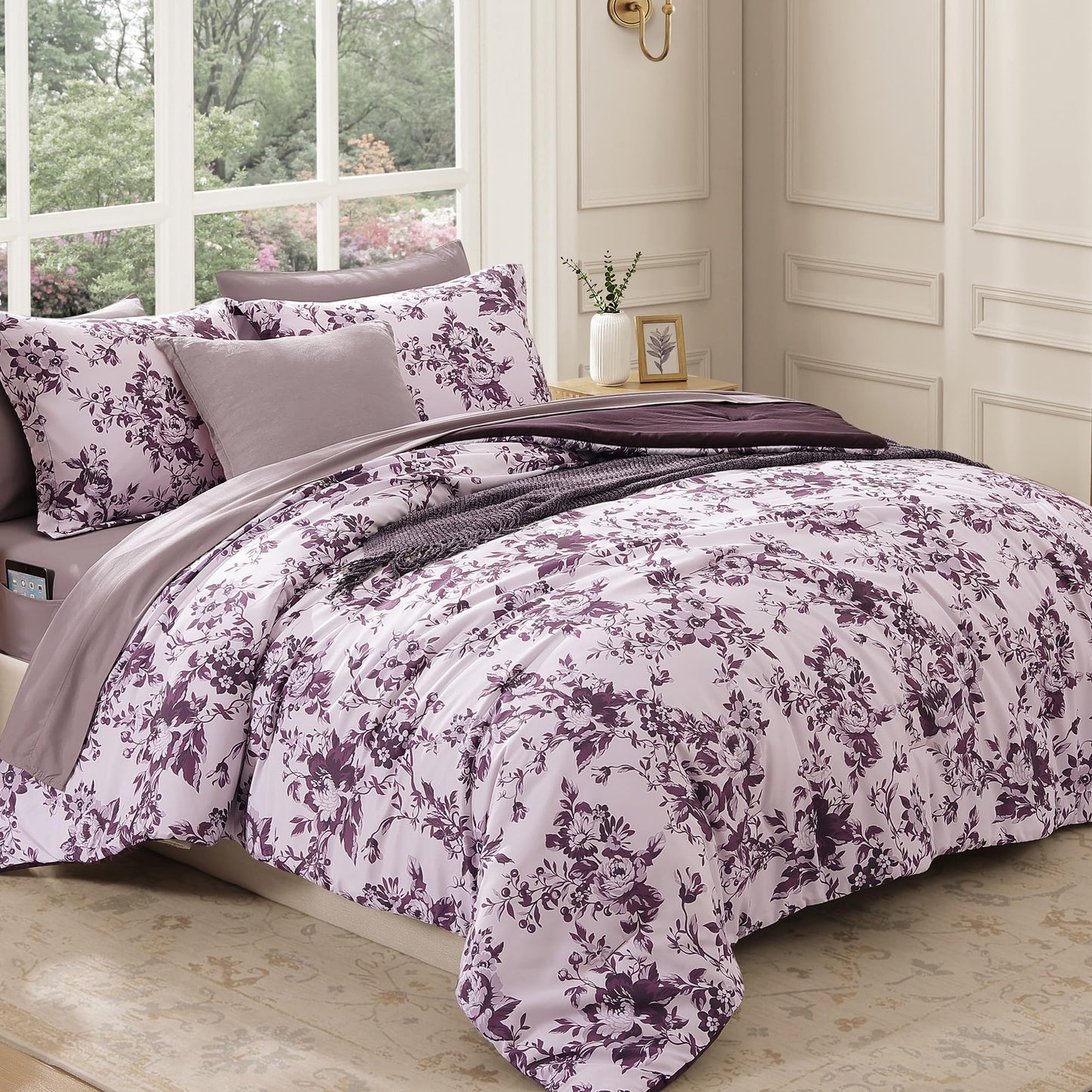 BLOOMHAVEN Queen Comforter Set -7 Pieces Deep Purple Floral Comforter Set for All Seasons, Bed in a Bag Queen with Botanical Flowers Comforter, Sheets, Pillowcases & Shams