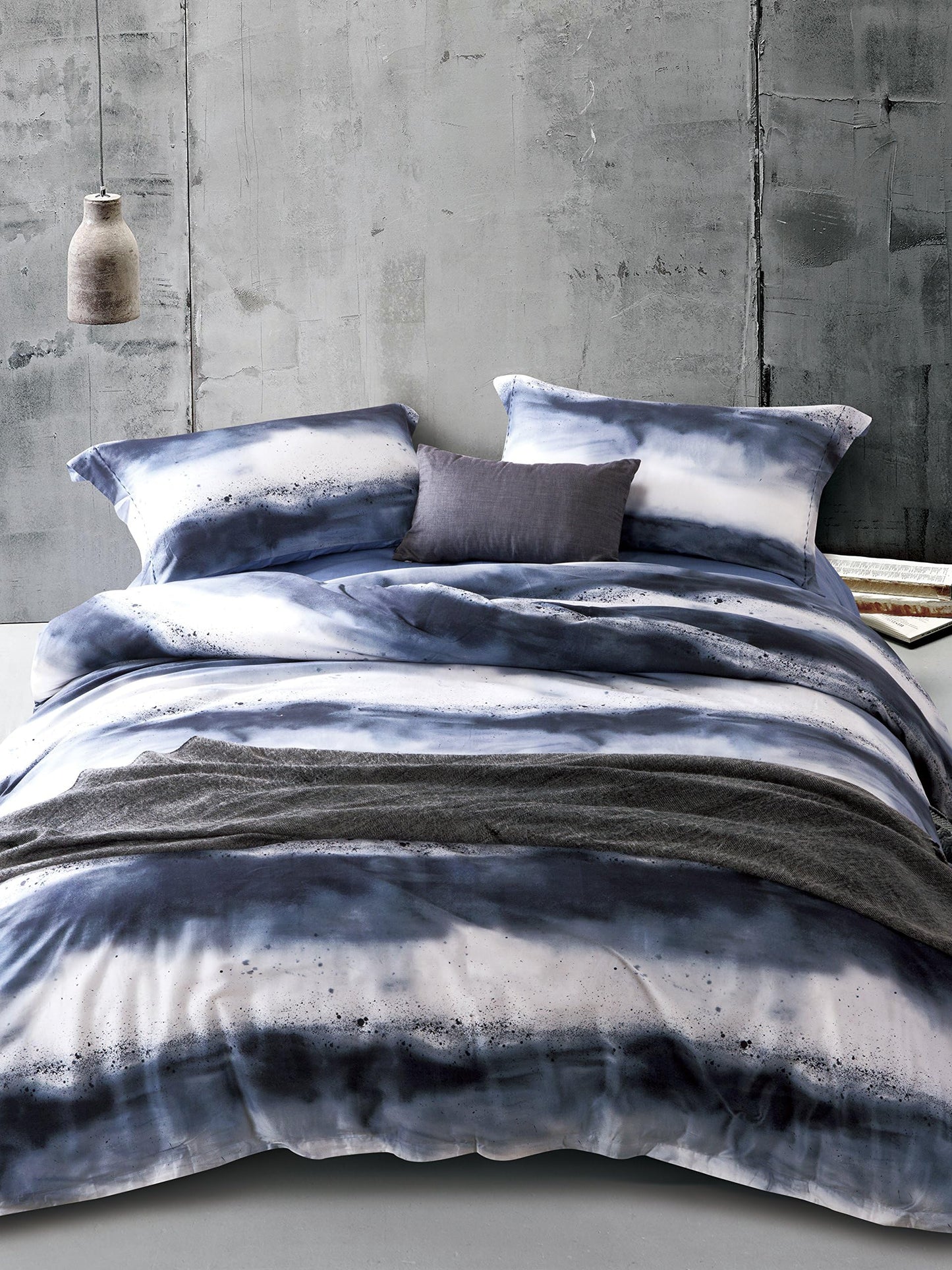 MILDLY 100% Long-Staple Cotton Duvet Cover Set Navy & White Striped Watercolor Pattern Printed Comforter Cover 3pcs, Ultra Soft & Breathable Bedding Set