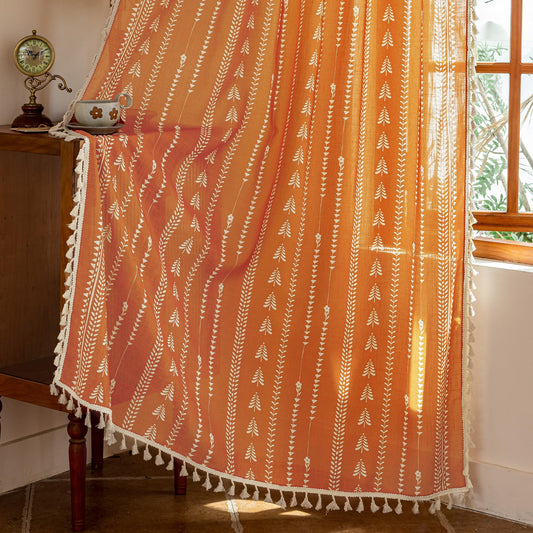 MEETSKY Boho Curtains for Bedroom, Burnt Orange Curtains 84 Inch Length 2 Panels Light Filtering Linen Blend Sheer Rustic Curtain Drapes with Tassels for Living Room, 50" W Each Panel