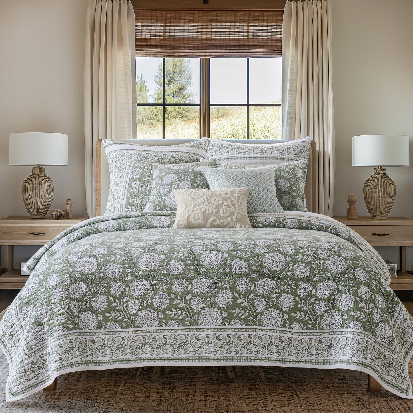 Levtex Home Adare Sage Reversible Full/Queen Quilt Set (88x92in) with 2 Pillow Shams (26x20in) - Floral Bedding - Sage White - Cotton Full/Queen Size Quilt Bedding Set - Lightweight, Soft, Pre-Washed