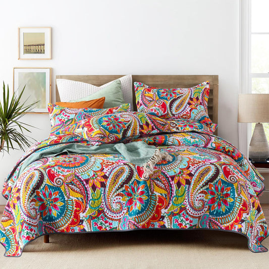 Qucover King Size Quilt Bedding Set, 100% Cotton Boho Bedspread, Vibrant Colorful Gorgeous Paisley Print Coverlet for Living Bedroom, Bed Cover with 2 Pillow Shams, 98x106 Inches