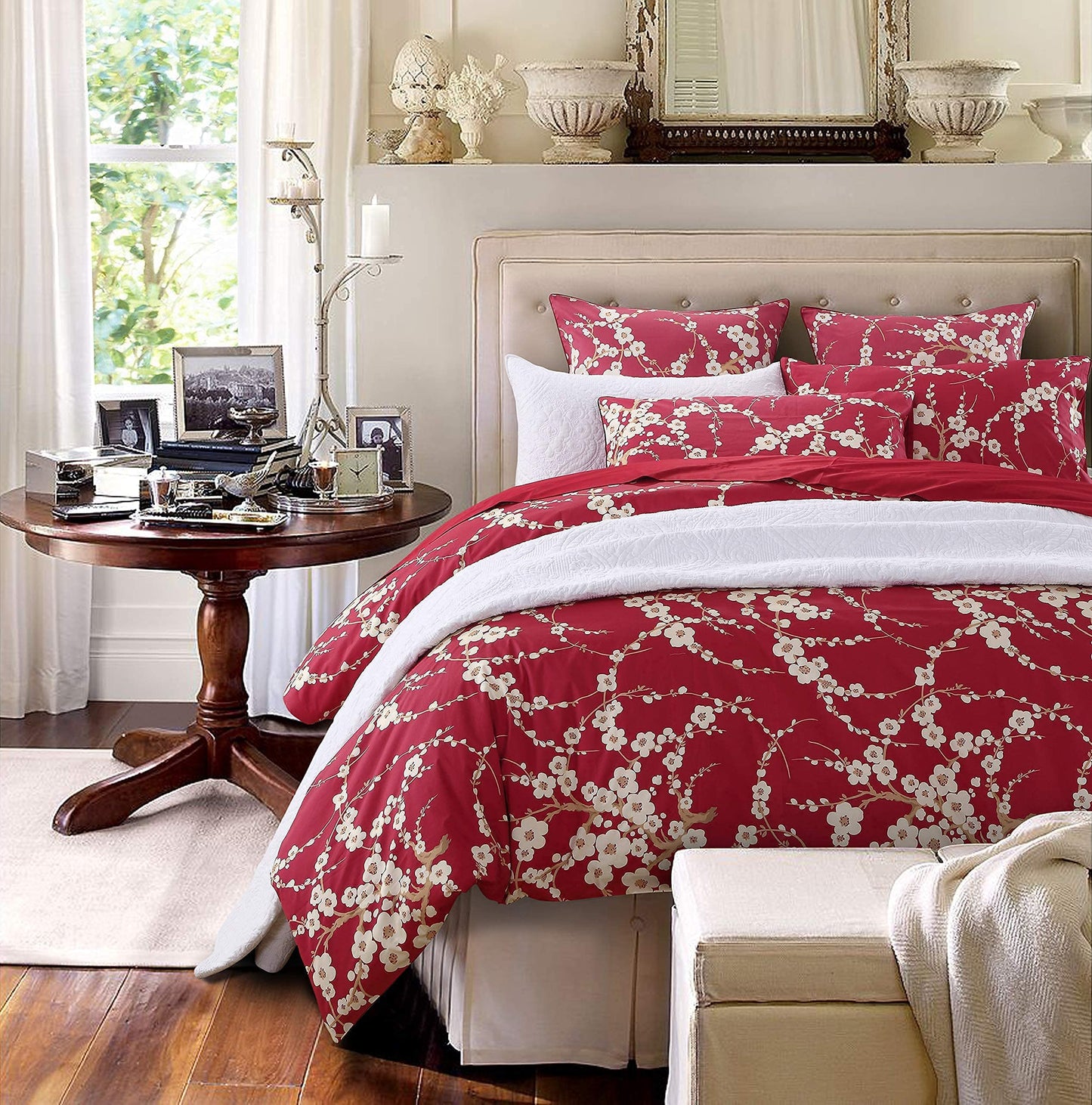 Brandream King Size Duvet Cover Set Japanese Oriental Style Cherry Floral Red Blossom Flower Branches Print Chinoiserie Bedding Pillowcases Set 800TC Egyptian Cotton Sateen Botanical Tree 3 Piece