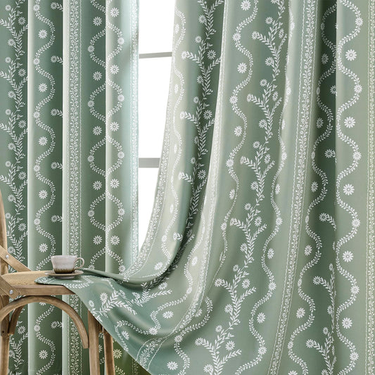 LIMON HOME Black Out Curtains 63 inch Long,Sage Green Curtain for Living Room Bedroom,100% Blackout Boho Floral Room Darkening Curtains 2 Panels,Cottage Core Western Drapes,Full Black Out