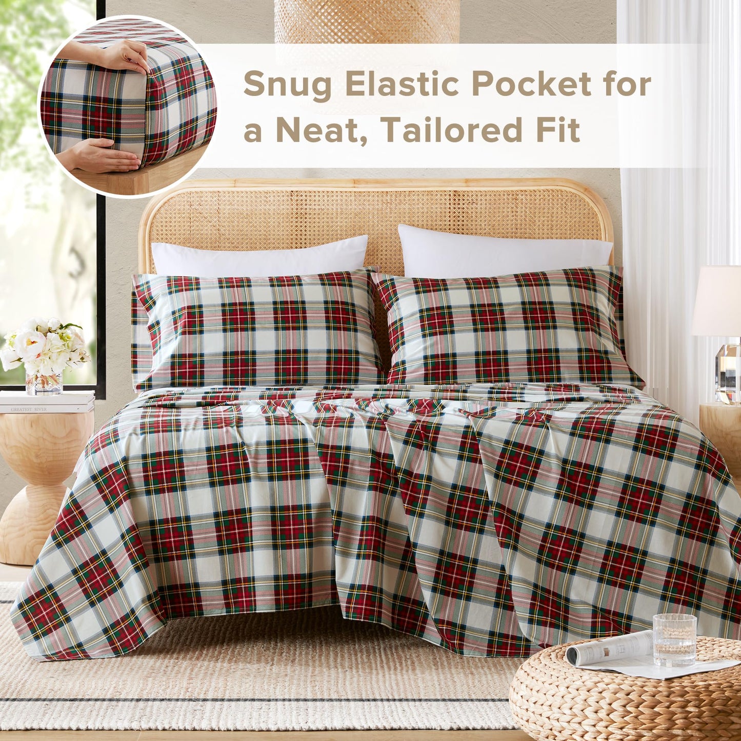 Comfort Spaces 100% Cotton Sheets King, Breathable, Naturally Cool Cotton Sheets, Cotton Bed Sheets with 14" Elastic Pocket Fits up to 16" Mattress, All Seasons Sheet Set, Scottish Plaid Red 4 Piece