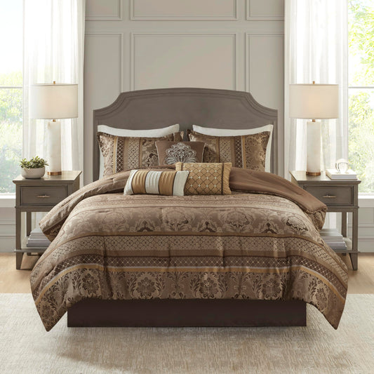 Madison Park Bellagio Cozy Comforter Set - Luxurious Jaquard Traditional Damask Design, All Season Down Alternative Bedding with Matching Shams, Decorative Pillow, Queen(90"x90"), Brown/Gold 7 Piece