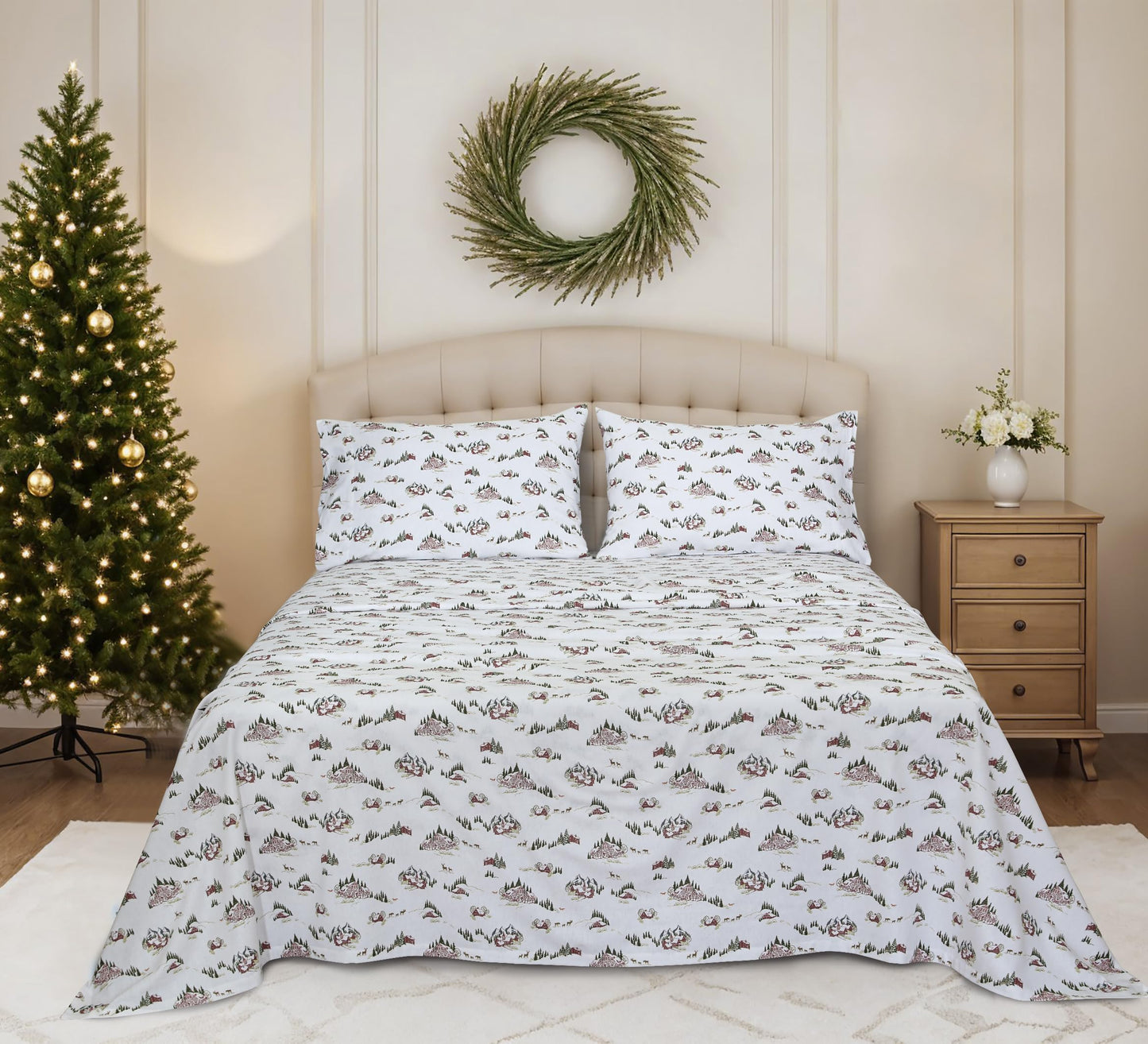 RUVANTI Flannel Sheets Queen Size - 100% Cotton Double Brushed Bed Sheets, Deep Pockets 16 Inches Queen Sheet Set, All Seasons Breathable & Extra Soft - Warm & Cozy, 4 Piece, Hilly Huts
