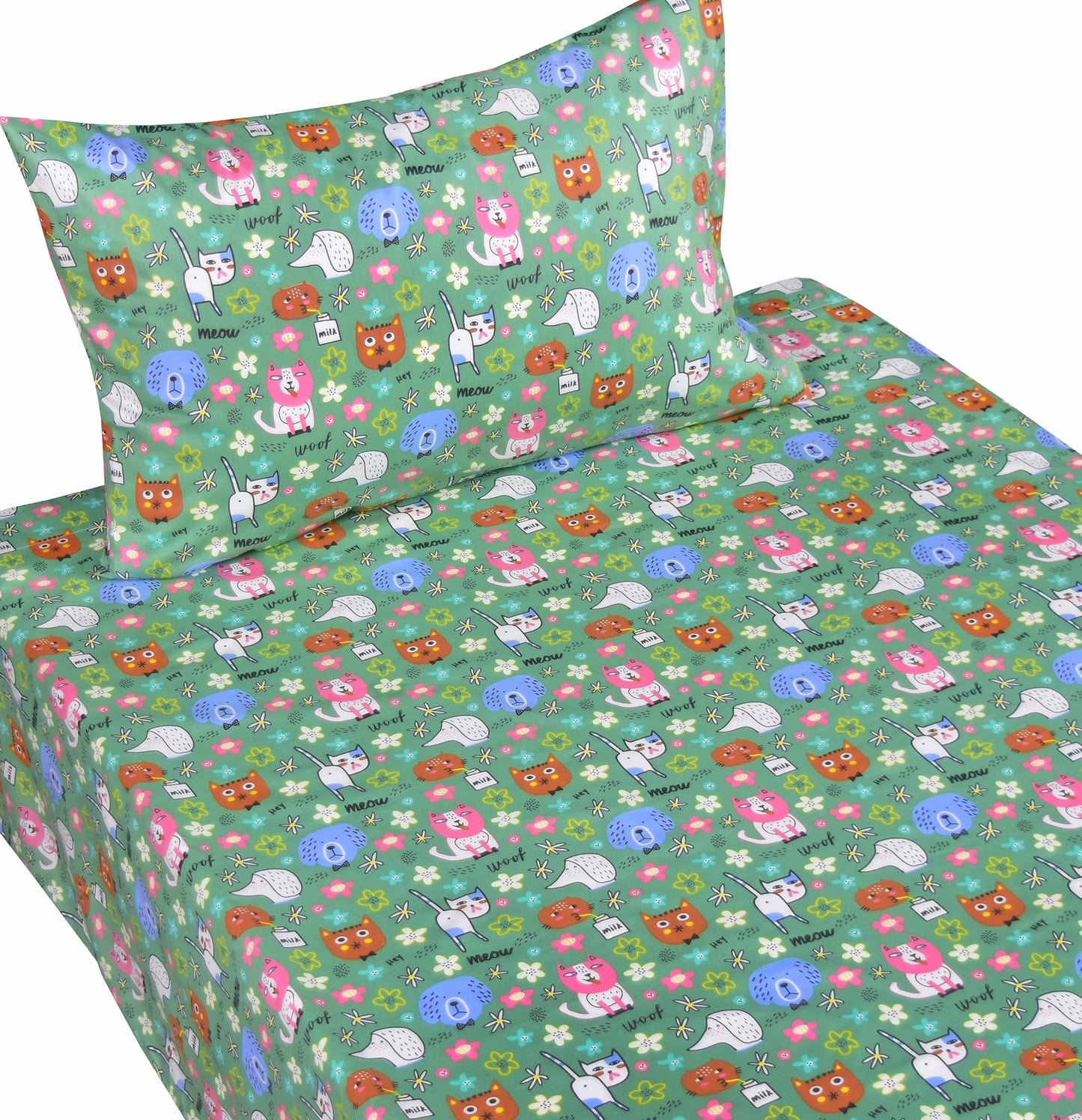 Scientific Sleep Cats Dogs Puppy Green Funny Free & Easy Vibrant Happy Fun 100% Cotton Cozy Twin Bed Sheet Set, Flat Sheet & Fitted Sheet & Pillowcase Boys Girls Kids Bedding Set