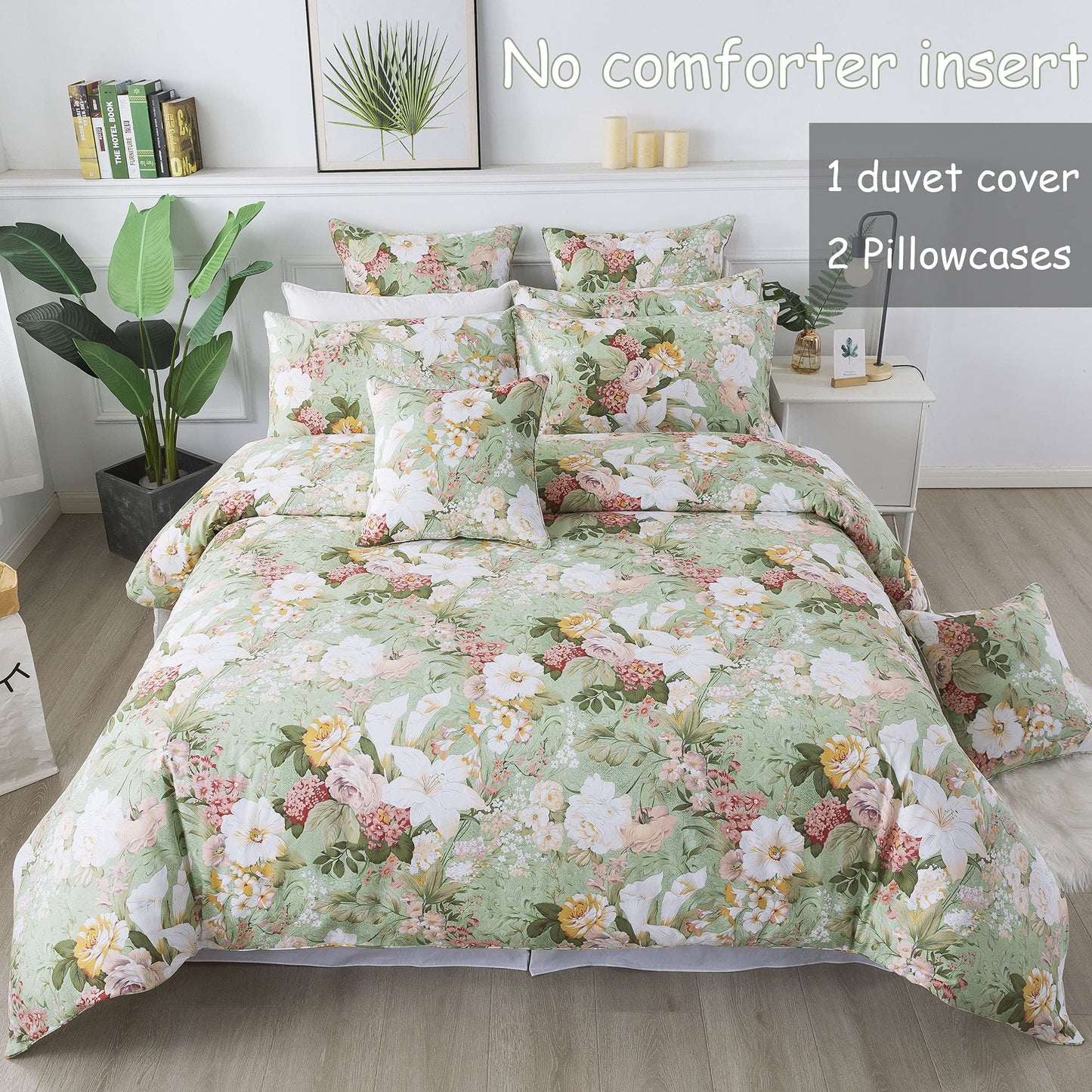 FADFAY Floral Duvet Cover Set Full 100% Cotton Girls Bedding 600 TC Mint Green and White Flower Elegant Lily Printed Comforter Cover Zipper Corner Ties Soft Bed Cover 3 Pcs