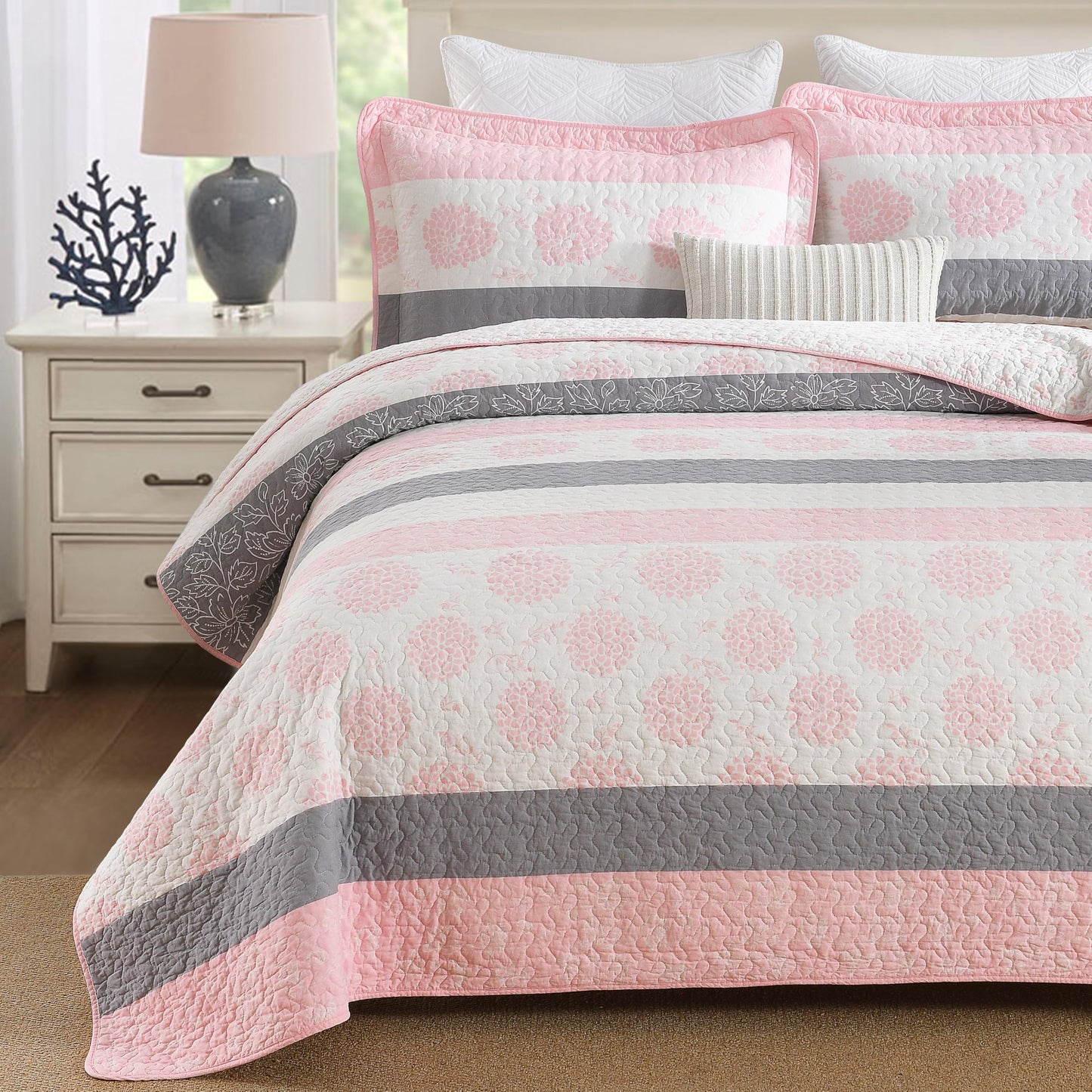Homzard 100% Cotton Quilts Queen Size, Floral Pink Comforter Set Queen Size,Pink White Grey Bedding Set,Lightweight Floral Pattern Bedspread Set 3 Piece All Season Coverlet