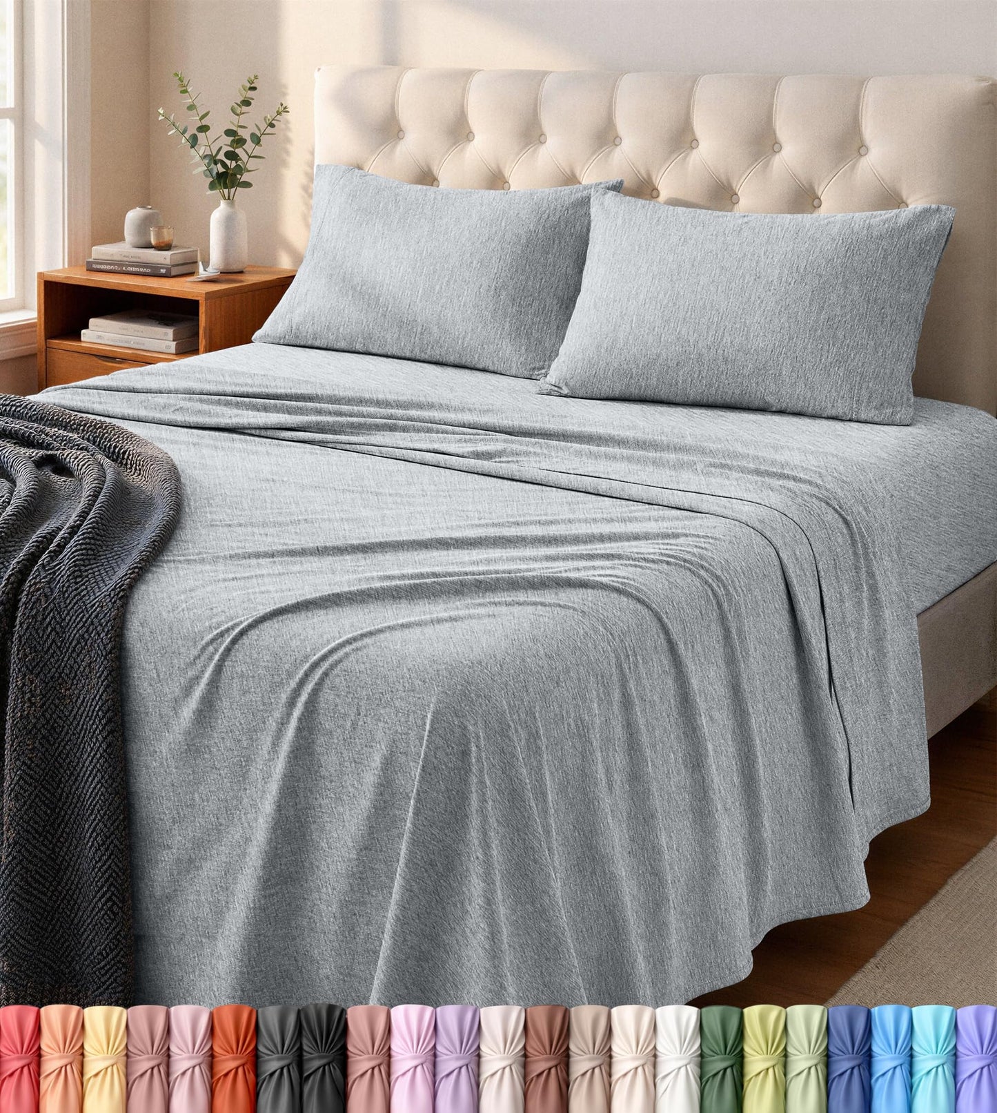 Utopia Bedding Jersey Knit King Sheets Set – 4 Piece Cotton Jersey Sheets, Ultra Soft T-Shirt Feel, Breathable & Stretchy Bed Sheet Set, Heather Light Grey