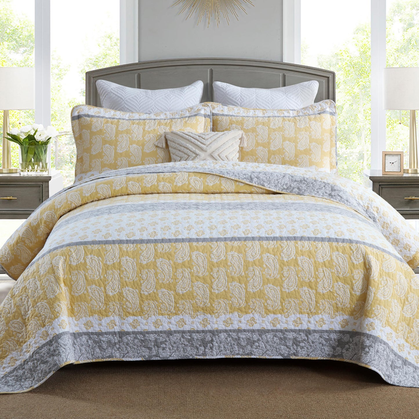 AJOCCI Yellow Quilts Queen Size, Paisley Comforter Set Queen Cotton Bed, Yellow Grey White Comforter, Striped Bedding Queen Size, Lightweight Luxury Bedspread,3 Piece
