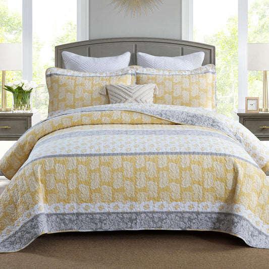 AJOCCI Yellow Quilts Queen Size, Paisley Comforter Set Queen Cotton Bed, Yellow Grey White Comforter, Striped Bedding Queen Size, Lightweight Luxury Bedspread,3 Piece