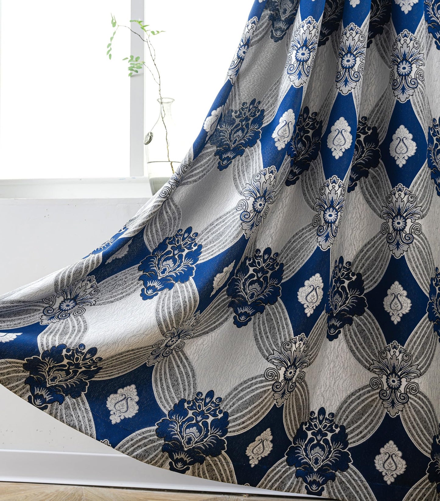 Petrichor Elegant Curtains with Gold Silver Threads 2 Panels Set - Luxury Window Treatment Attached Valance, Sheer Backing, and 2 Tie Backs for Bedroom and Living Room, 54x84 inches, Navy