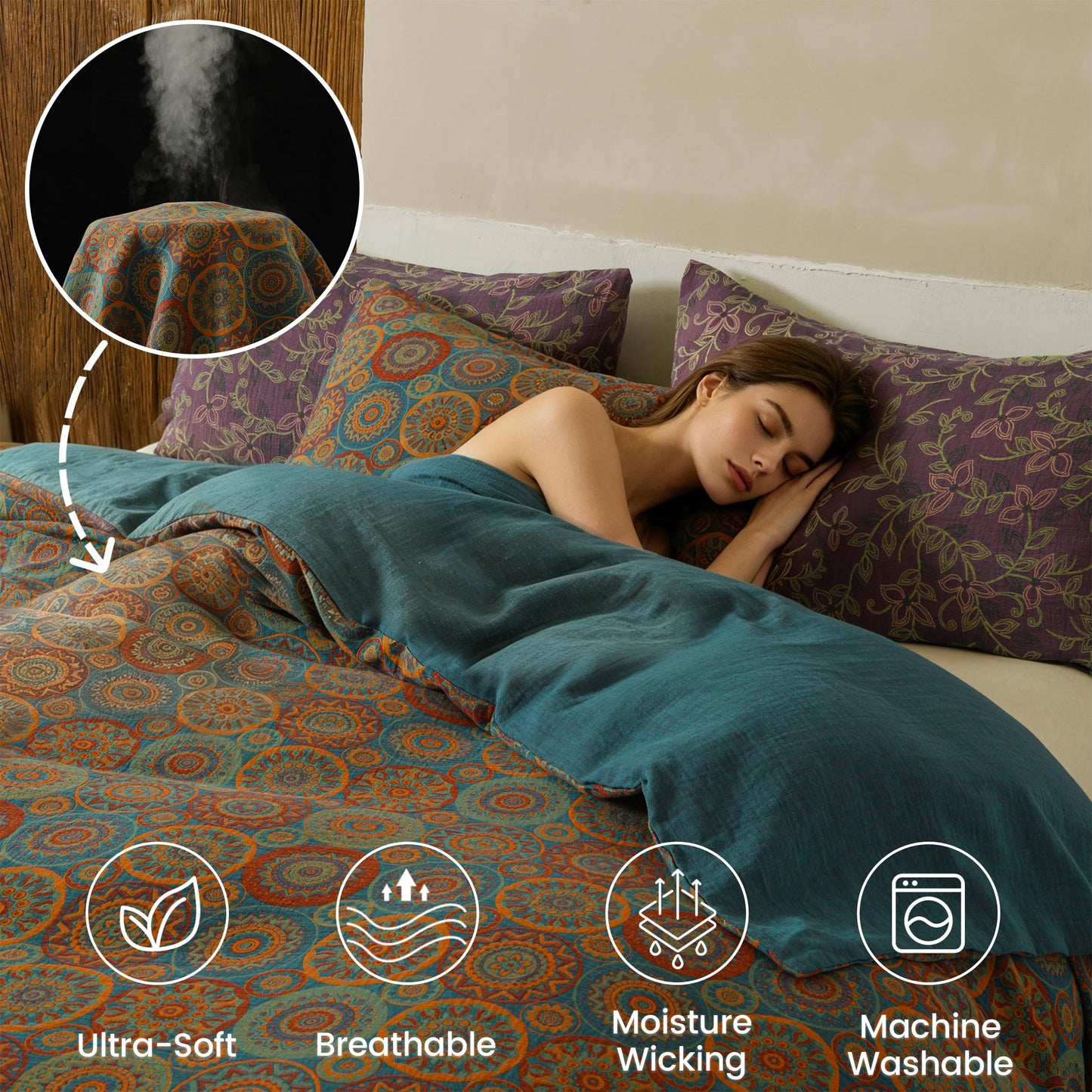 BISELINA 100% Cotton Muslin Duvet Cover Set Queen, 3 Pcs Yarn-Dyed Jacquard Textured Vintage Kabyle Pattern, Soft and Breathable Bedding Set with Zipper Closure, Kabyle Blue Orange