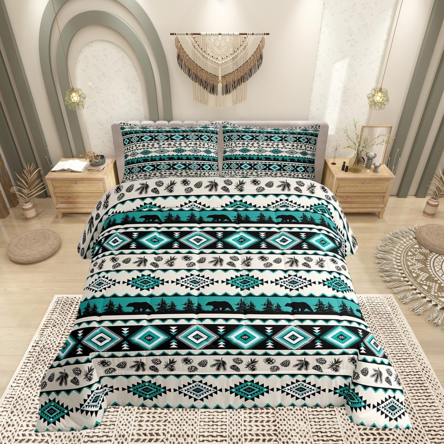 Green Aztec Pattern Kids Comforter Set,Ethnic Geometric Stripes Down Alternative Adults Bedroom Decor,Southwest Tribal Style Bear Wild Animals Ultra Soft Inner Fill 3Pcs Bedding Queen Size