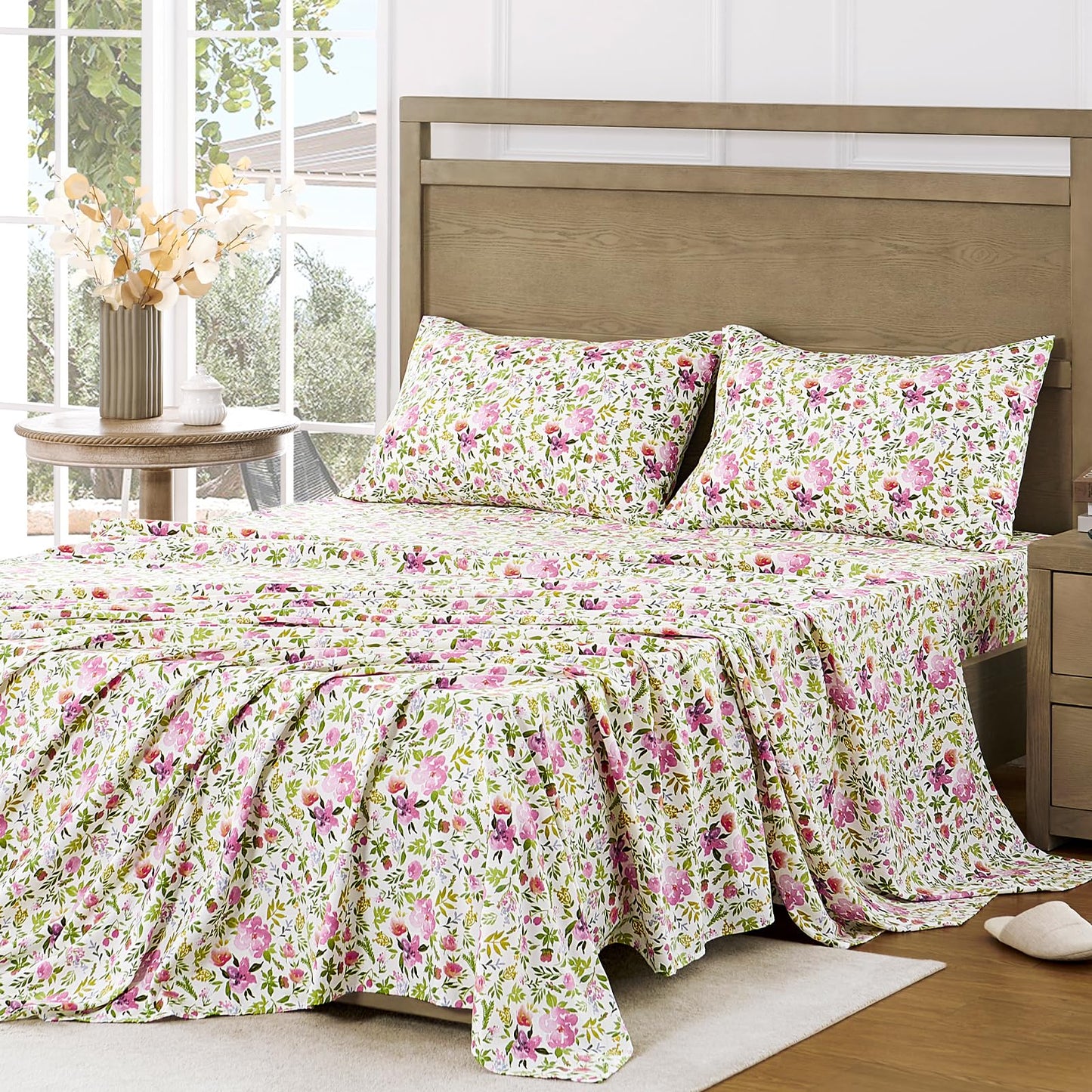 FreshCulture Floral Bed Sheets - Ultra Soft King Size Sheets Set - Brushed Microfiber Floral Sheets - Deep Pockets - Easy Care - Hotel Luxury 4 Piece Flower Printed Sheets King, Aquarelle