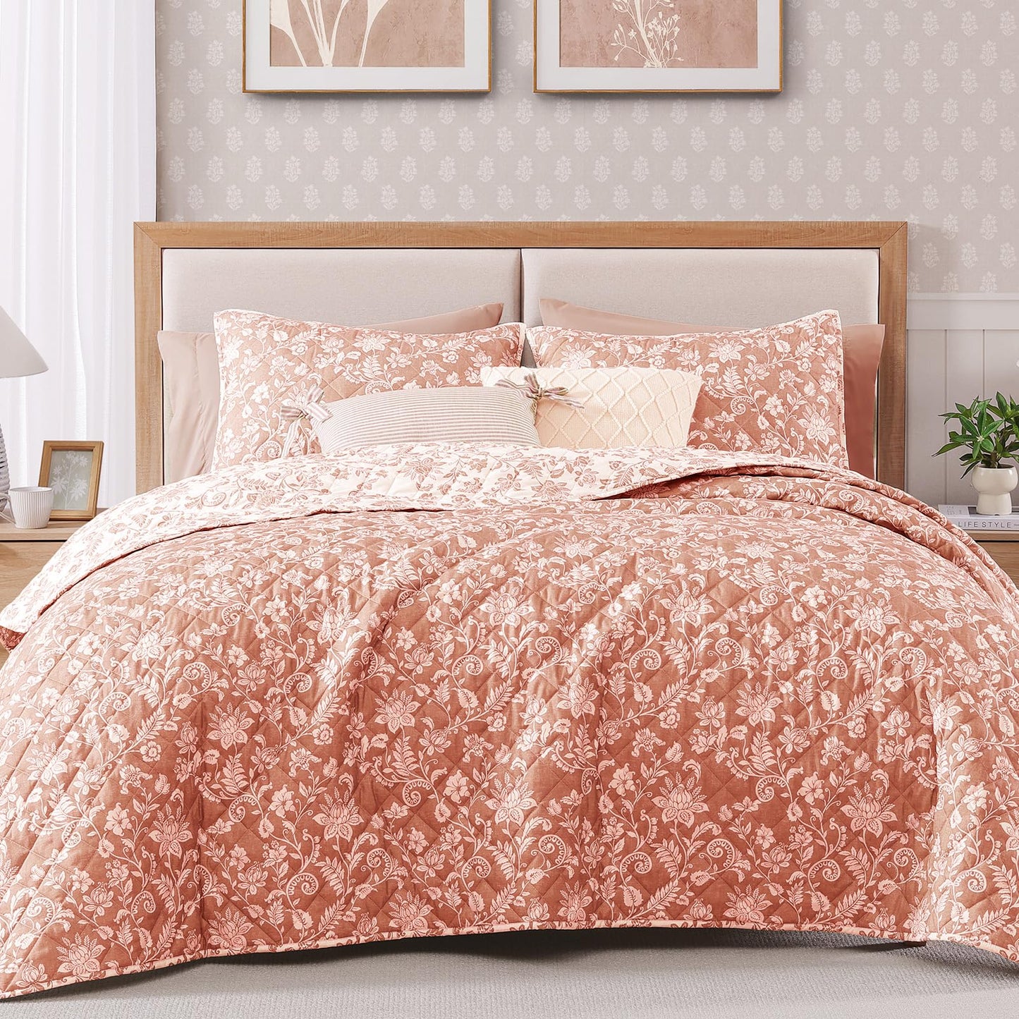 BLOOMHAVEN Quilt Set King Size, Clay Pink Floral Quilt Sets, Reversible Bedspread Lightweight and Breathable for All Seasons, Soft Quilted Bedspread with 2 Pillow Shams