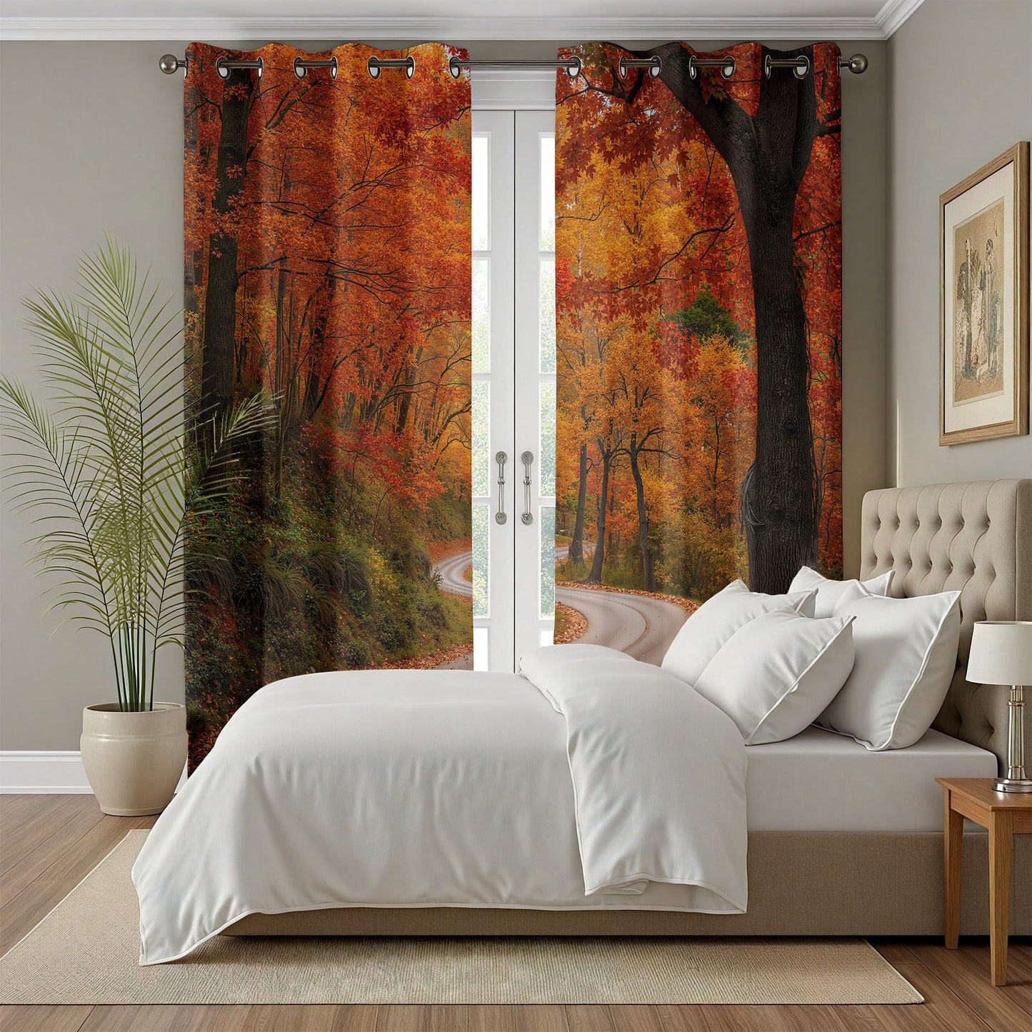 Rufxnn Maple Leaves Road Grommet Curtains Window Treatment, Autumn Forest Landscape Curtain Blackout Thermal Insulated, Nature Scenery Drapes for Bedroom Living Room Office 52x63 Inch 2 Panels Set